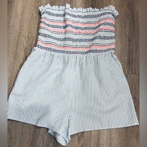 Crown & Ivy Blue and White Striped Smocked strapless romper